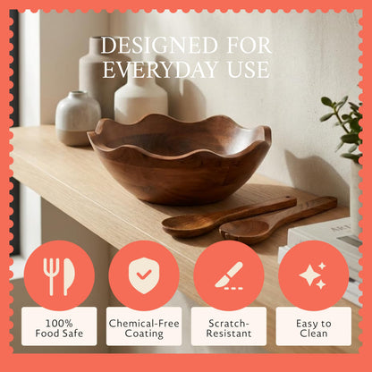 Mela Artisans 12 in Wide x 4 in Tall Scalloped Acacia Wood Salad Bowl with Servers – Decorative Serving and Fruit Bowl with Natural Finish for Kitchen Counter, Pasta, Bread and Home Decor