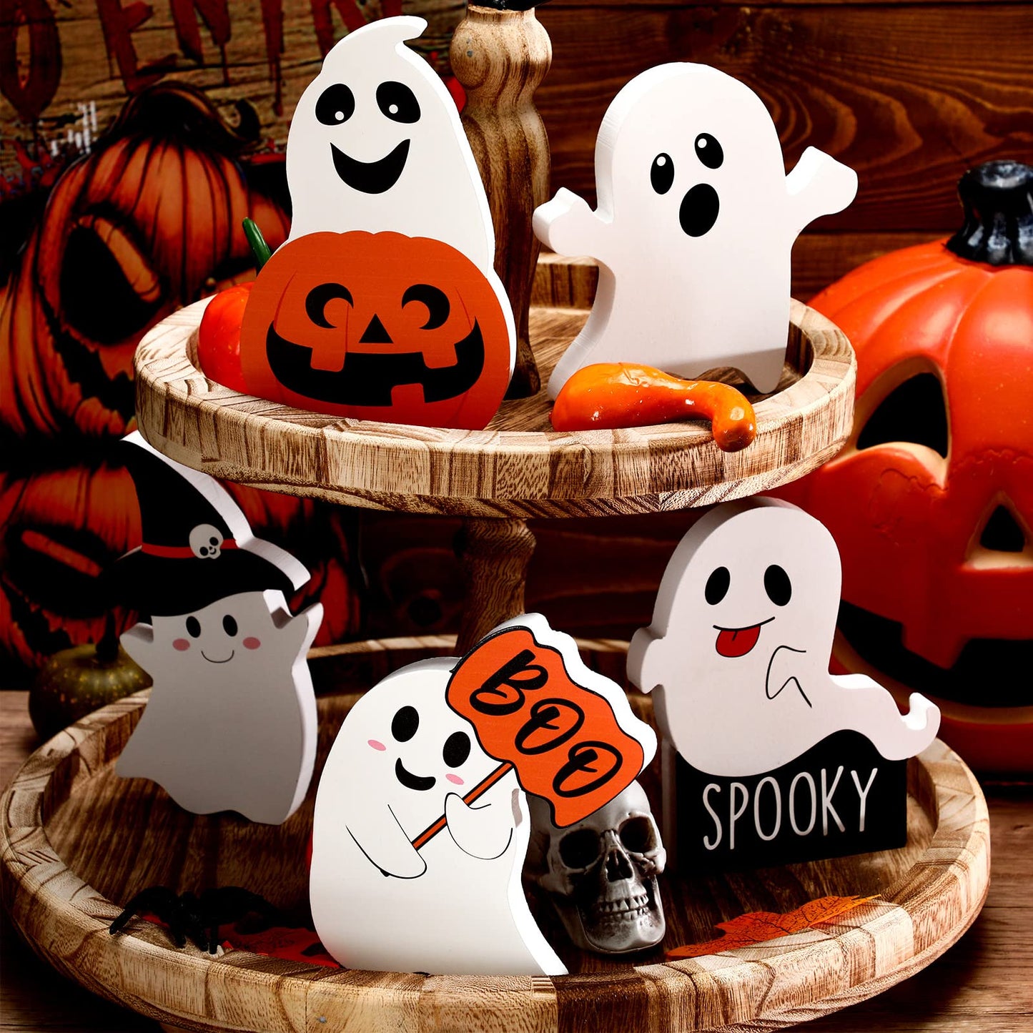 5 Pcs Halloween Ghost Table Decorations Cute Ghost Decor Indoor Wooden Witch Boo Centerpieces Spooky Tiered Tray Pumpkin Signs Fall Rustic Decor for Party Shelf Display(Cute Style)