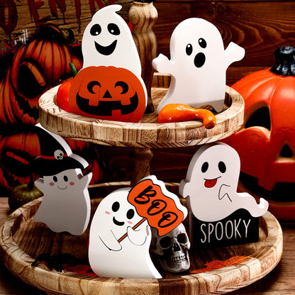 5 Pcs Halloween Ghost Table Decorations Cute Ghost Decor Indoor Wooden Witch Boo Centerpieces Spooky Tiered Tray Pumpkin Signs Fall Rustic Decor for Party Shelf Display(Cute Style)