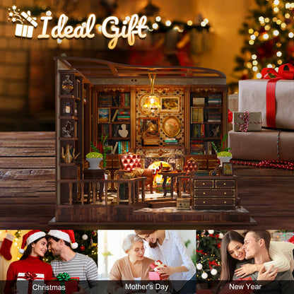 Hallisun DIY Miniature House Kit, Mini 3D Wooden Left Bank Study Building Kit with Furniture and LED, Tiny Diorama Dollhouse Model Set, Handmade House Craft Birthday for Adults Teens