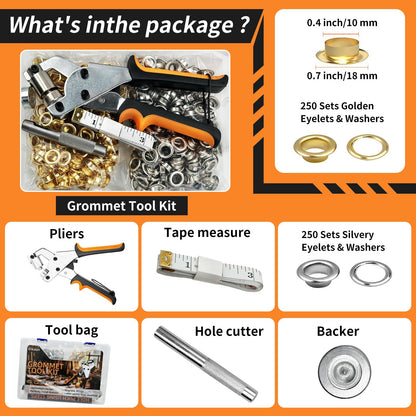 GTAAOY Heavy Duty Grommet Tool Kit, 1000Pcs 3/8 Inch Eyelet Press Pliers(10mm), Manual Handheld Puncher Set for Banner DIY Tarp Ring Repair and Installation(250set Silver + 250set Gold)