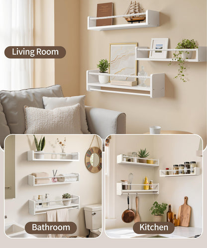 Maxpeuvon 23 Inch Kids Bookshelves Set of 3, Natural Wooden Floating Shelves Wall Mount Storage Organizer Shelf with Towel Bar Hanging Bookshelf for Kid Room Bedroom Living Room Decor, White