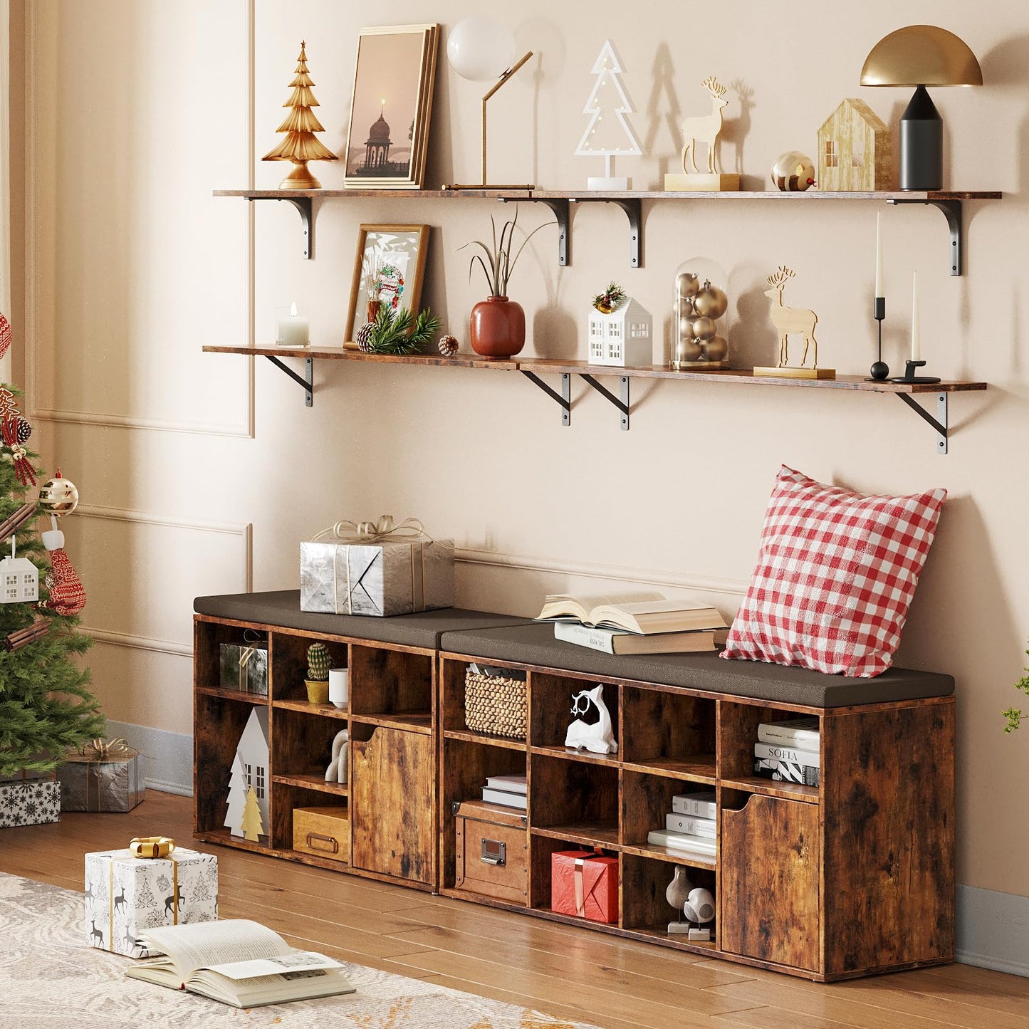 DINZI LVJ Long Wall Shelves, 47.3Inch Floating Shelves Set of 2, Extra Large Wall Storage Ledges with Sturdy Metal Brackets for Living Room, Bathroom, Bedroom, Kitchen, Rustic Brown