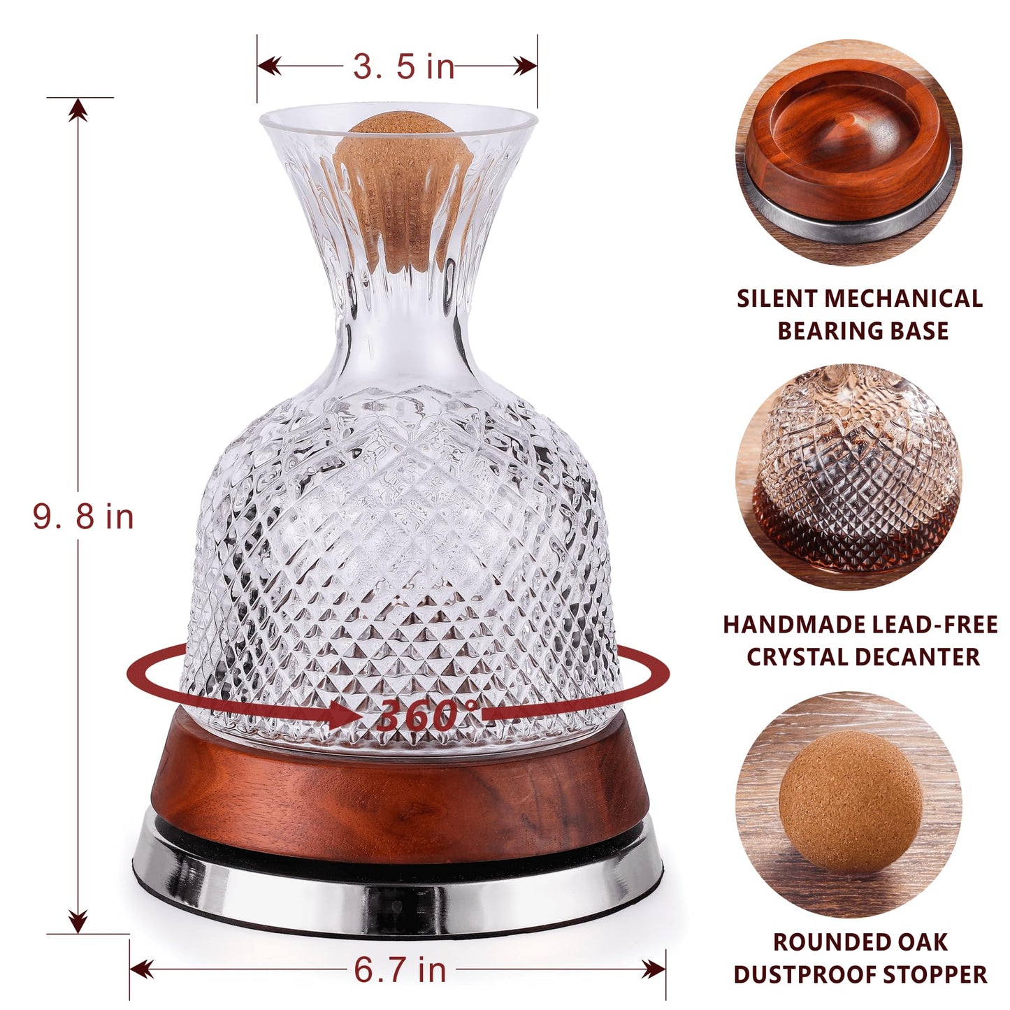 Rotating Wine Decanter Set with Solid Wood Base, Fun Crystal Glass Wine Carafe, Red Wine Decanter, Wine Accessories, Wine Gifts, Perfect for Home Bar (Silver Accents)