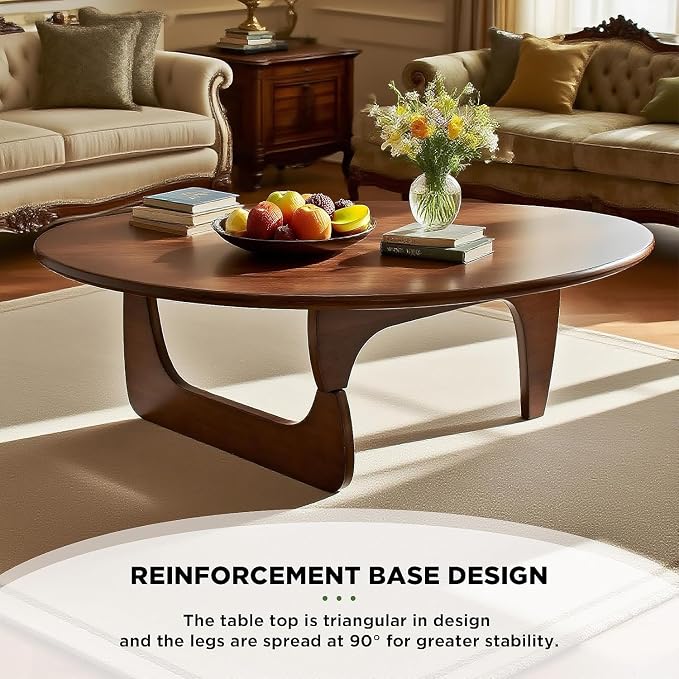 Solid Wood Triangle Coffee Table,Unique Mid Century Modern Oval Coffee Table,Irregular Geometric Tea Tables for Home Living Room with Wooden Tabletop and Reinforced Legs Walnut 43" L x 31" W x 16" H