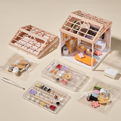 Qudify Miniature Living Room DIY Kit – 92Pcs 1:24 Scale Dollhouse Furniture with LED Light, Modular Scene Connector & Realistic Details for Kids 8+ and Collectors