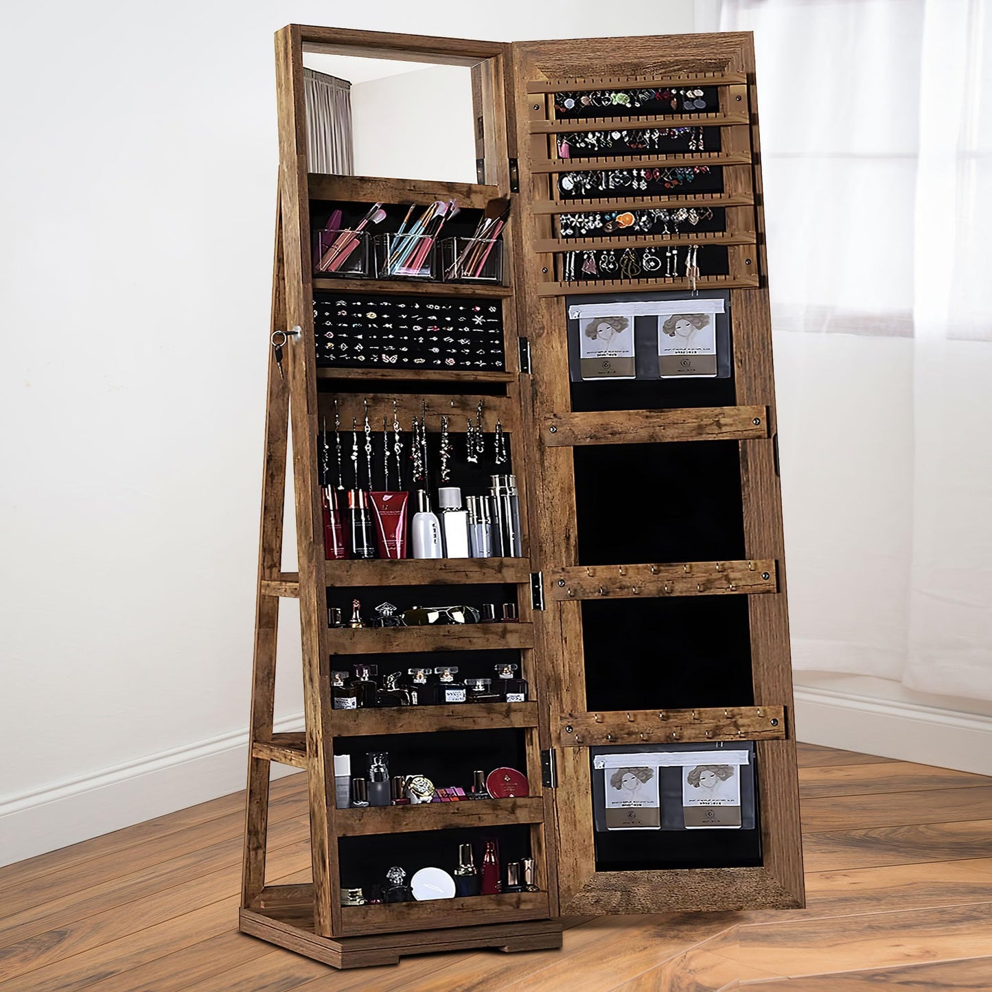 sogesfurniture Lockable Floor Standing Wooden Jewelry Armoire with Full Length Mirror 360°Rotatable Jewelry Organizer Cabinet Lockable with Storage Shelf, Rustic Brown,BHUS-QH-7021C-FG