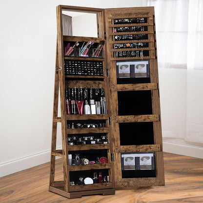 sogesfurniture Lockable Floor Standing Wooden Jewelry Armoire with Full Length Mirror 360°Rotatable Jewelry Organizer Cabinet Lockable with Storage Shelf, Rustic Brown,BHUS-QH-7021C-FG