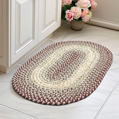 Super Area Rugs Braided Rugs 2X3 Farmhouse Kitchen Rug - Ridgewood Braided Rug for Living Room - Reversible - Indoor/Outdoor - Made in USA - Burgundy/Beige, 2' X 3' Oval
