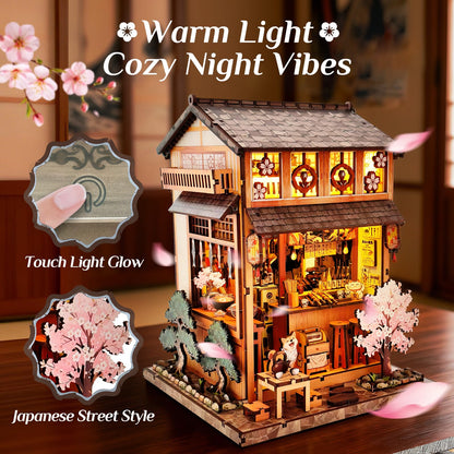Reenovan Book Nook Kit, DIY Miniature House Kit for Adults & Teens, Japanese Street Shop Scene Bookshelf Insert Decor with LED, 3D Wooden Puzzle Gift for Book Lovers (Sakura Street Shop)