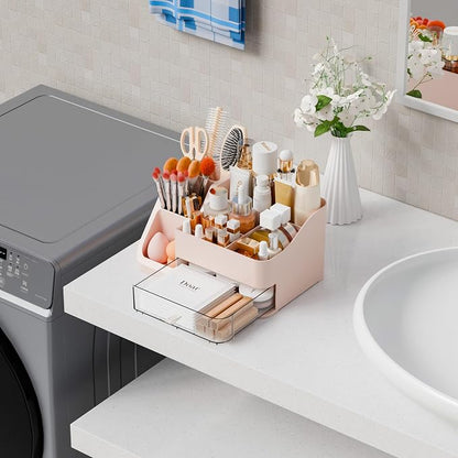 Yieach Countertop Makeup Organizers for Vanity,Bathroom,Dresser,Large Makeup Storage Organizer and Beauty Skincare Organizer,Plastic Makeup Holders and Organizers for Lotion,Hair Product & Tool,Pink