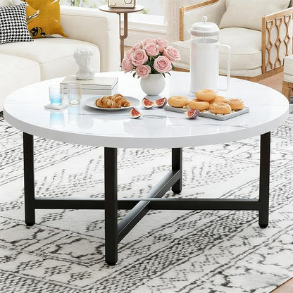 Coffee Table, 31.5" Large Coffee Tables, White Round Coffee Tables for Living Room, Floor Table for Sitting on The Floor, Center Coffee Table with Metal Frame for Office Apartment Home