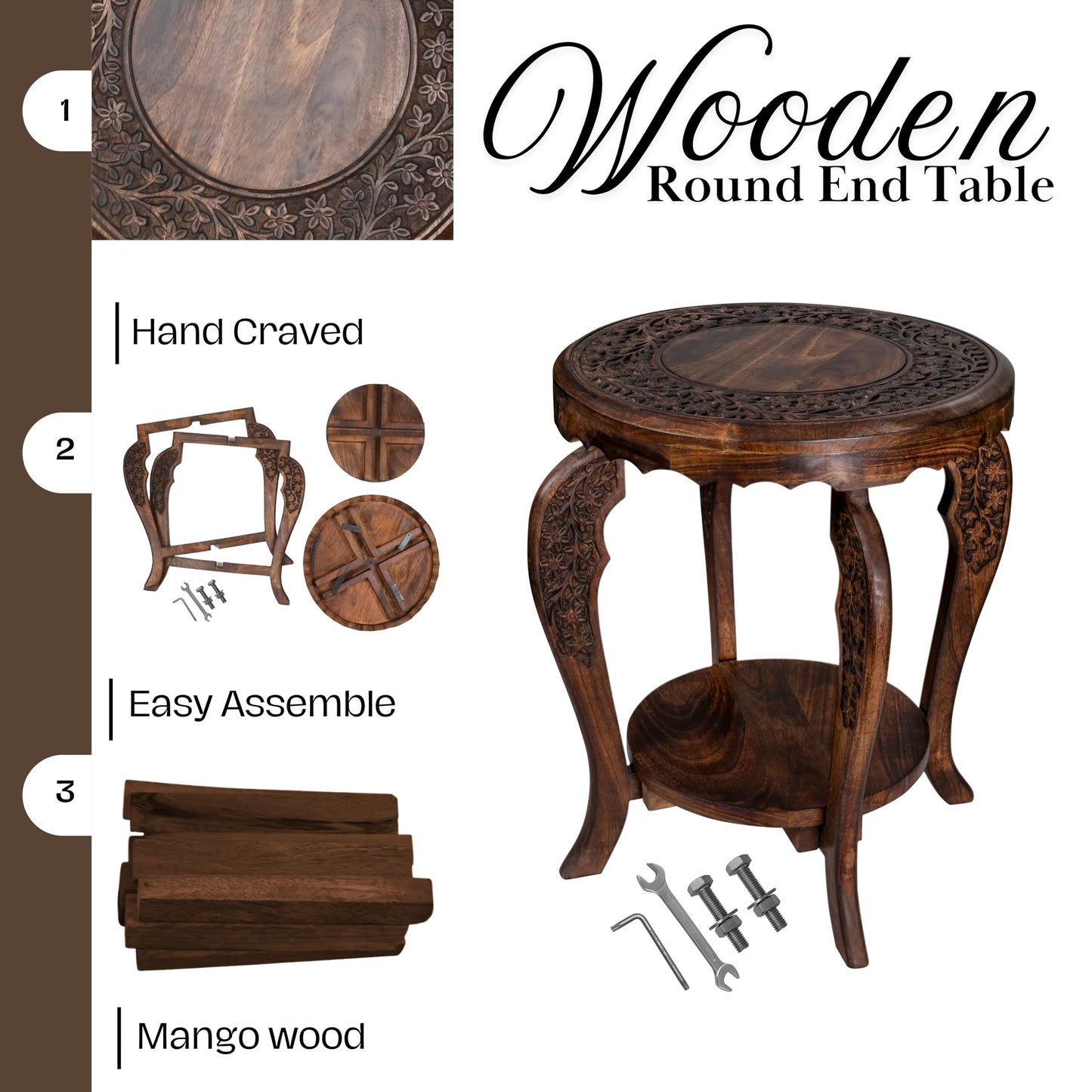 The Wooden Town Farmhouse Round Accent End Table,Rustic Side Table Nightstands for Living Room Bedroom,Coffee Tables,Wood Tray Top,Handcrafted Finish, 18"x22" - Burnt