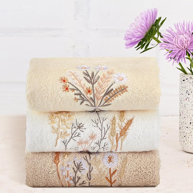 3 Pcs Boho Flowers Hand Towels Farmhouse Floral Brown Wildflowers Bathroom