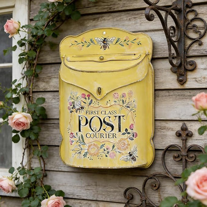 Wall Mount Mailbox for Outside Vintage Mail Boxes for House Outside Metal Door Mailbox Drop Box Antique Style Nostalgic Charm Home Decorative, Flower Pattern, Yellow