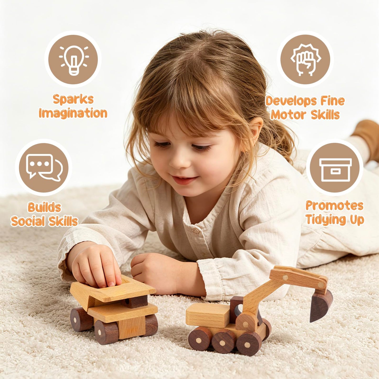 kienvy Wooden Toy Cars for 3 Year Old Boys & Girls - Construction Vehicles Set Push Toys for Toddlers, Wood Montessori Car with Rolling Wheels, Natural Wood Toys (Excavator & Dump Truck)