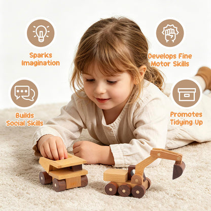 kienvy Wooden Toy Cars for 3 Year Old Boys & Girls - Construction Vehicles Set Push Toys for Toddlers, Wood Montessori Car with Rolling Wheels, Natural Wood Toys (Excavator & Dump Truck)