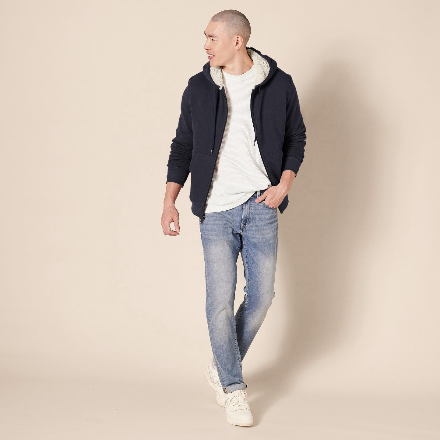Amazon Essentials Hoodie For Men, Sherpa-Lined Full-Zip Fleece Sweatshirt, Large, Navy