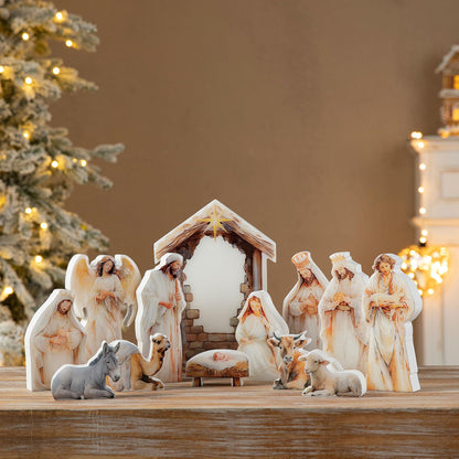 Glitzhome Nativity Scene Set Indoor 8.5",13 Pieces Wooden & Epoxy Resin Nativity Sets & Figures Tabletop Scenes, Nativity Figurines Set for Christmas Indoor Decor with Arch Christian Holy Family
