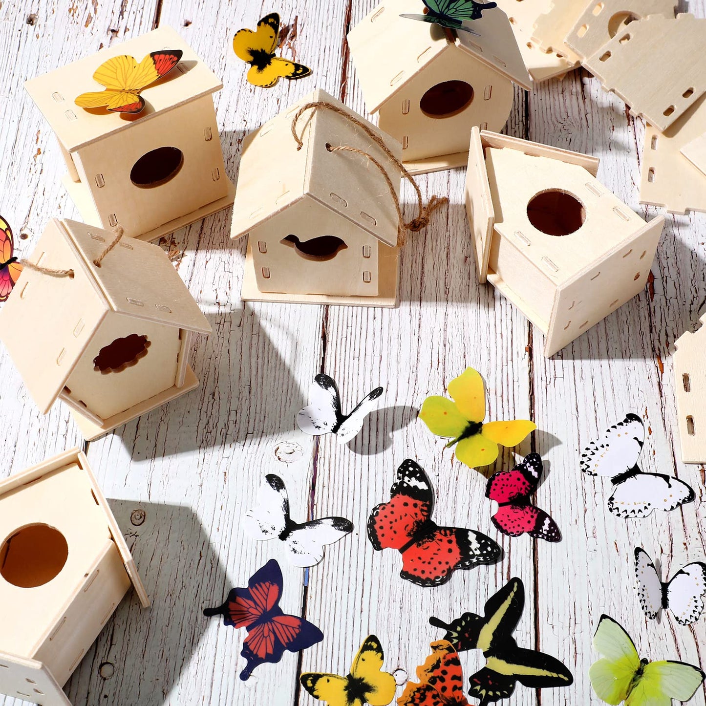 Sawysine 93 Pcs DIY Birdhouse Kits for Kids to Build, 36 Wooden Bird House 6 Shapes and 57 Butterfly Sticker for Children Summer Craft Activity Art Project DIY(Multiple Entrance)