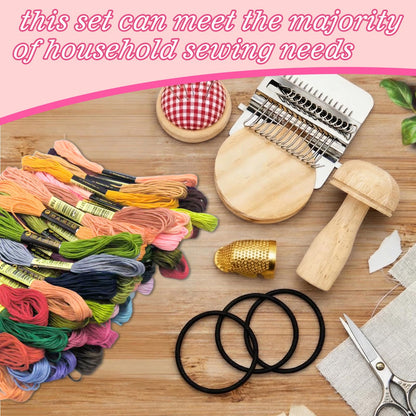 Mini Darning Mushroom for Socks 14 Hooks Small Speedweve Style Weaving Darning Loom with Knit Patch Kit Patch Maker Large Eye Needles 100 Colors Thread for Handcraft DIY Weaving Repair Tool