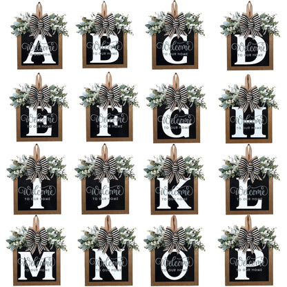 Last Name Year Round Front Door Wreath Front Porch Decoration 26 Letter Welcome Sign with Eucalyptus Garland and Bow Spring Wreaths for Front Door Outside Hanger Garland（S）