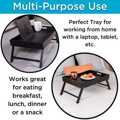 BIRDROCK HOME Wood Bed Tray for Eating | TV Tray with Folding Legs | Wide Breakfast Serving Lap Desk with Sides & Handles | Laptop Table | Foldable Study Writing Table | Adjustable Food Tray | Black