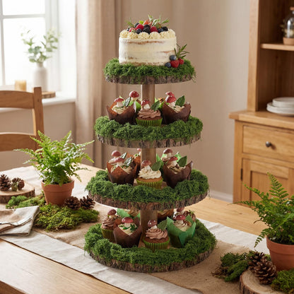 Wenqik 4 Tier Wooden Cupcake Stand Rustic 17 Inch Natural Wood Display Tower Stand with 7 oz Fake Green Faux Moss for Woodland Baby Shower Wedding Birthday Party Decor Garden Dessert Table Centerpiece