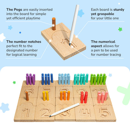 Bimi Boo Counting Peg Boards and Number Tracing for Kids - Wooden Montessori Arithmetic Math Toy Set for Toddlers and Preschoolers - Math Manipulatives for Kindergarten (55 Pegs, 10 Boards, 1 Pencil)