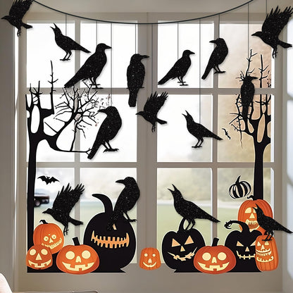 40pcs Glitter Black Crow Halloween Decorations Bird Raven Hanging Banners for Gothic Halloween Garland Backdrop Centerpiece Wall Cutouts for Horror Theme Birthday Wedding Yard Party Supplies