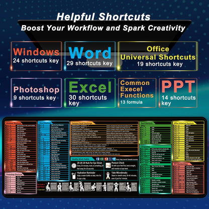 Excel Cheat Sheet Mouse Pad,Extended XL Mousepad(31.5" x 11.8"),Excel/Word/Power Point/Windows Mousepad,Non-Slip & Waterproof & Stitched Edges Gaming PC Office Desk pad mat