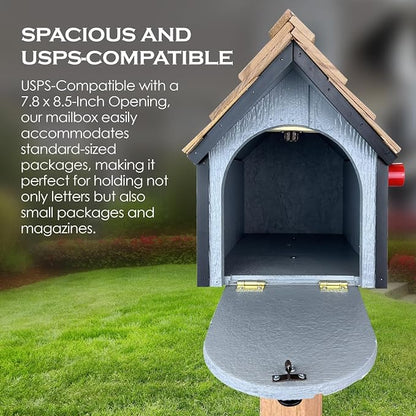 Peaceful Classics Amish Cedar Roof Wooden Mailbox with Window & Door Trim, Handcrafted Mailboxes for Outside, Post Mount Residential Mailboxes (Gray & Burgundy, Wood)