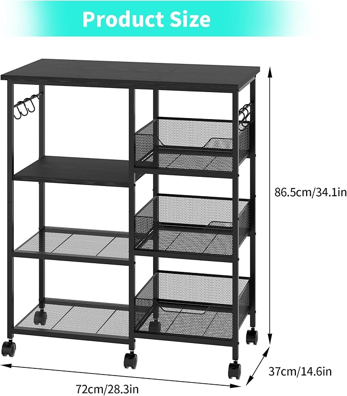 HapiRm Rolling Kitchen Carts with Storage - Microwave Table Stand with 6 Hooks & 3 Baskets, kitchen Island Cart on Lockable Wheels, 28.3" L × 14.6" W Bakers Rack Cart for Dining Room Coffee Bar Office