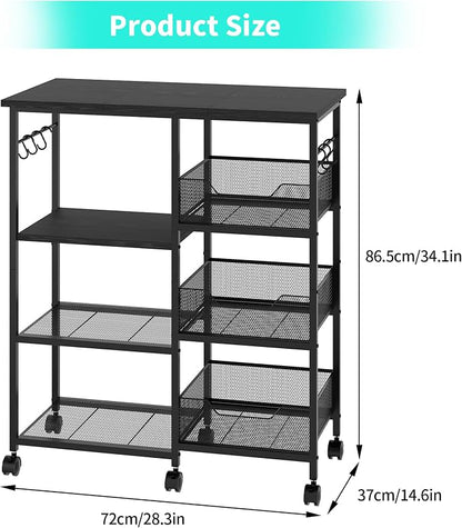 HapiRm Rolling Kitchen Carts with Storage - Microwave Table Stand with 6 Hooks & 3 Baskets, kitchen Island Cart on Lockable Wheels, 28.3" L × 14.6" W Bakers Rack Cart for Dining Room Coffee Bar Office