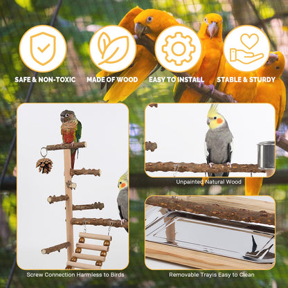 RoseFlower Bird Playground, Parrots Wooden Playstand, Birdcage Playground Play Gym Parakeet Playpen Ladder with Feeder Cup and Tray, Bird Toys Swing Exercise Toy