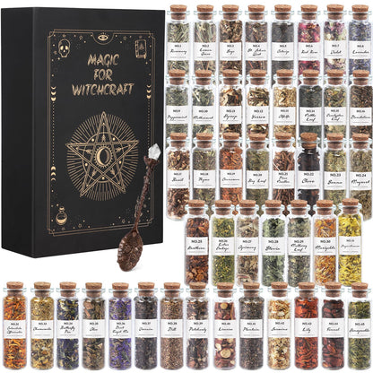 Witchcraft Supplies Herbs - 45 Bottles Dried Herbs Kit for Beginners - Altar Supplies Healing Herbal Natural Herbs Crystal Spoon for Wicca, Pagan Magic Spells and Bath