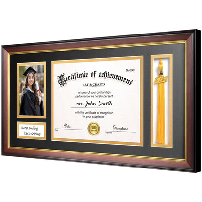 Yaetm 11x22 Diploma Frame with Tassel Holder for 8.5x11 Certificate Document & 4x6 Photo with High Definition Glass, Black Mat Over Gold Acid-free Mat, Mahogany Graduation Frame 2026