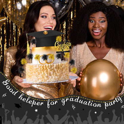 Ctosree 16 Pcs Graduation Cake Kit Graduation Cake Topper Included Felt Graduate Cap with Tassel Firework Cupcake Toppers Grads Cupcake Topper Diploma Decor for Wedding Graduate Party(Black Gold)