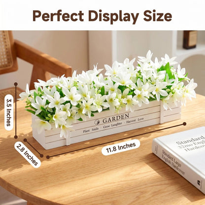 Aiouclay 12Inch Lily Flowers Artificial Rustic Potted Plants,White Lilies in Rustic Wood Planter Box, Faux Flowers for Summer Spring Home Decor Wedding Shelf Bathroom Farmhouse Windowsill