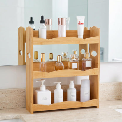 Jucoan 3-Tier Bamboo Spice Rack for Countertop, Wall Mounted Spice Holder Rack Seasoning Bottles Jar Organizer Shelf, Bathroom Organizer Rack, Spice Rack Only, Jars No Included, No Assembly Required