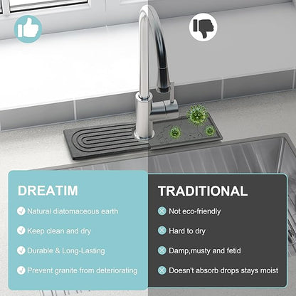 Faucet Mat for Kitchen Sink, Diatomite Fast Drying Stone Sink Tray, Super