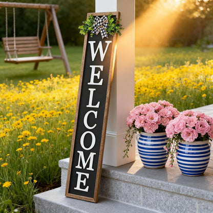 3D Outdoor Welcome Sign for Front Porch Standing 45"X9" Large Rustic Farmhouse Leaner Tall Vertical Soild Wooden Framed Plaque Modren Beautiful Outside Home Front Door Decorations (Wood Black)