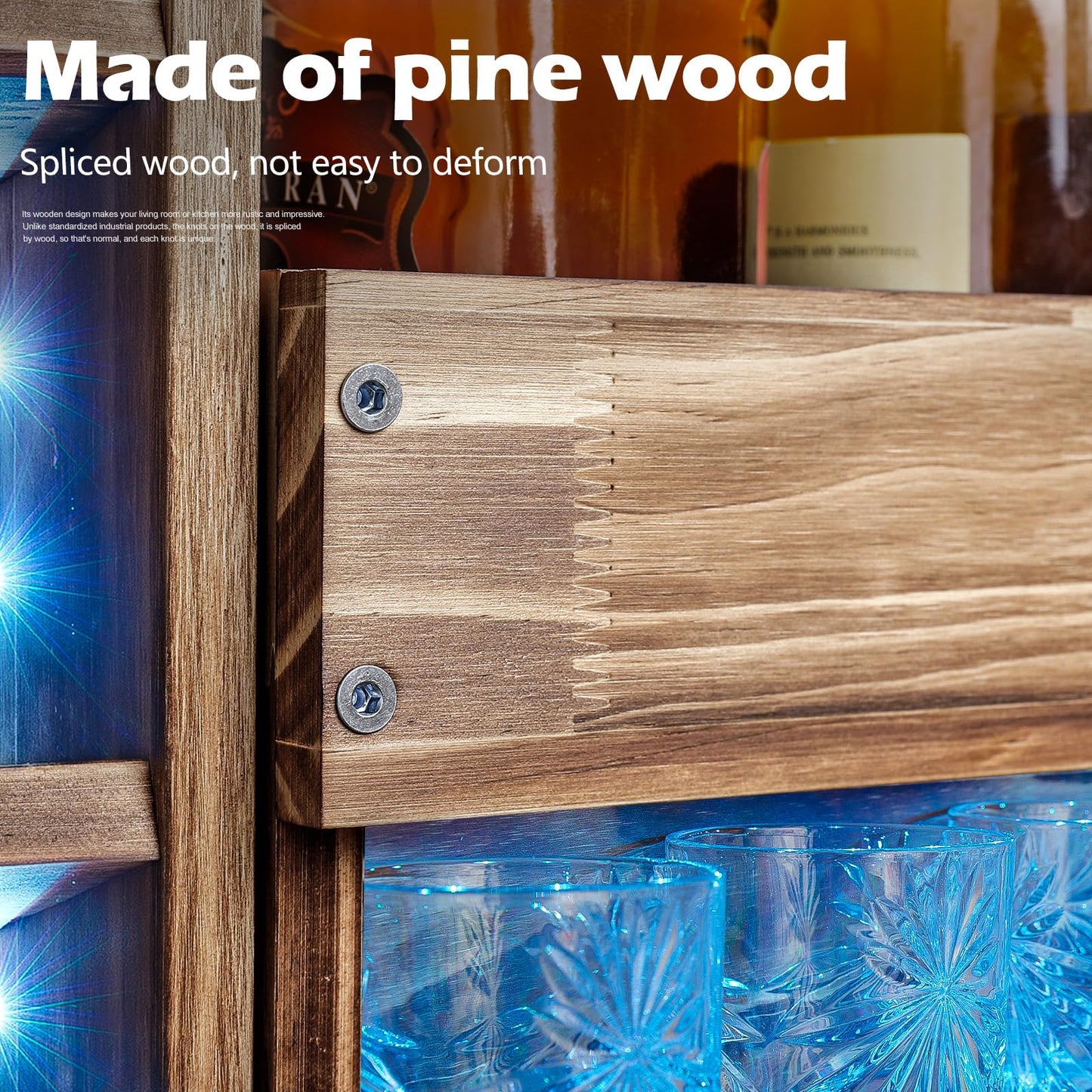 Homde Wine Rack with LED Light Wall Mounted Wood,Alcohol Shelf with Bottle Stemware Glass Holder Rustic, Liquor Display Storage with Cork Storage for Home Bar Kitchen Decor