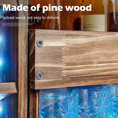 Homde Wine Rack with LED Light Wall Mounted Wood,Alcohol Shelf with Bottle Stemware Glass Holder Rustic, Liquor Display Storage with Cork Storage for Home Bar Kitchen Decor