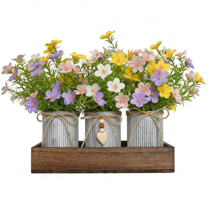 HEMYLU Artificial Gypsophila Baby's Breath, Rustic Table Centerpieces Home Decor for Dining Room, Farmhouse Wood Planter Box with 3 Galvanized Metal Pots Decorative Table Centerpiece
