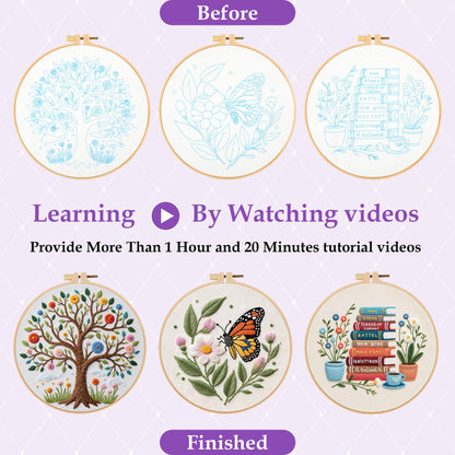 3 Sets Embroidery Kit for Beginners with Stitch Video, Flower Butterfly Tree Books Cross Stitch Kits for Adults, Needle Point Kits with Stamped Pattern, Hoop, Needles, Tools, DIY Arts and Crafts
