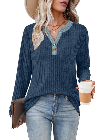 SAMPEEL Womens Sweaters Lightweight Long Sleeve Shirts V Neck Tops with Button Fall Outfits 2025