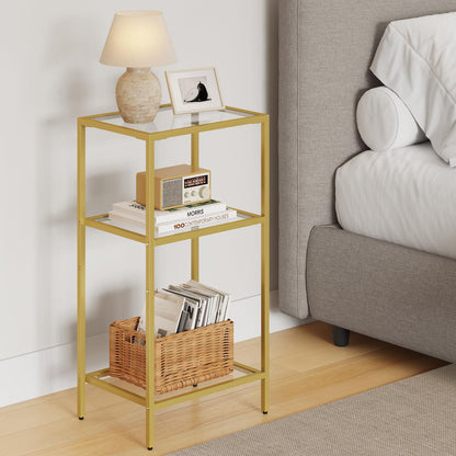 Draelibor Side Tables Set of 2, Tempered Glass End Table with Metal Frame, 3-Tier Small Nightstands with Storage Shelves,Tall Table Stand for Home Decor, Living Room, Bedroom, Office, Gold（2 Pack）