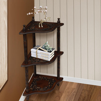 The Wooden Town Corner Shelf - 3-Tier Space-Saving Corner Bookshelf Stand for Small Rooms, Stylish Bathroom & Home Office Storage, Burnt Finish, 12" L x 12" W x 26" H