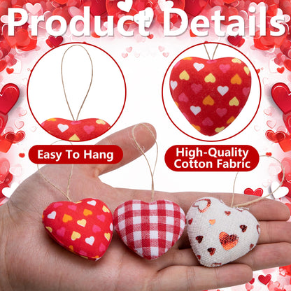 EBaokuup 30 Pcs Valentines Fabric Heart Ornament for Hanging-6 Styles Red Pink Buffalo Plaid Check-Heart-Shaped Hanging Decoration for Valentine's Day Home Decor Wedding Party DIY Crafts